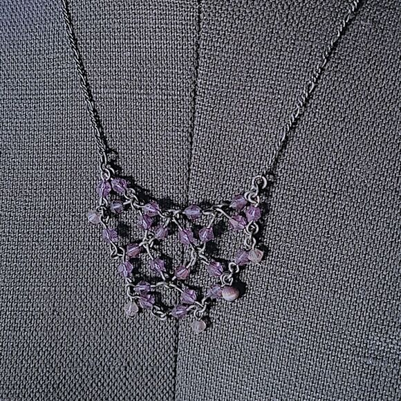 Purple beaded silver tone chain lattice necklace - Picture 2 of 6